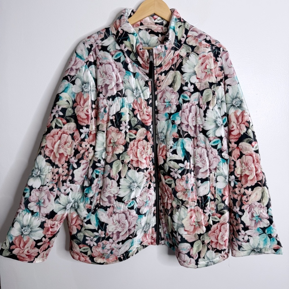 NWOT‎ Soft Surroundings Floral Puffer Velvet Jacket Pockets 1X Feminine Romantic